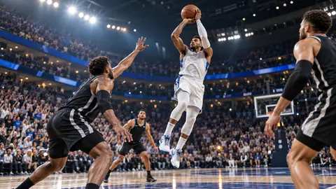 A jump shot in a packed basketball arena