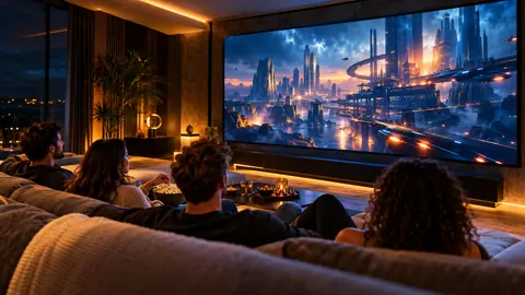 A family watching a movie in a home theater