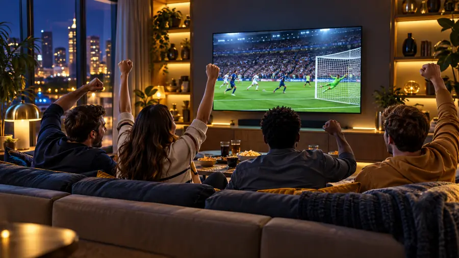 Friends cheering a live game on the living-room TV